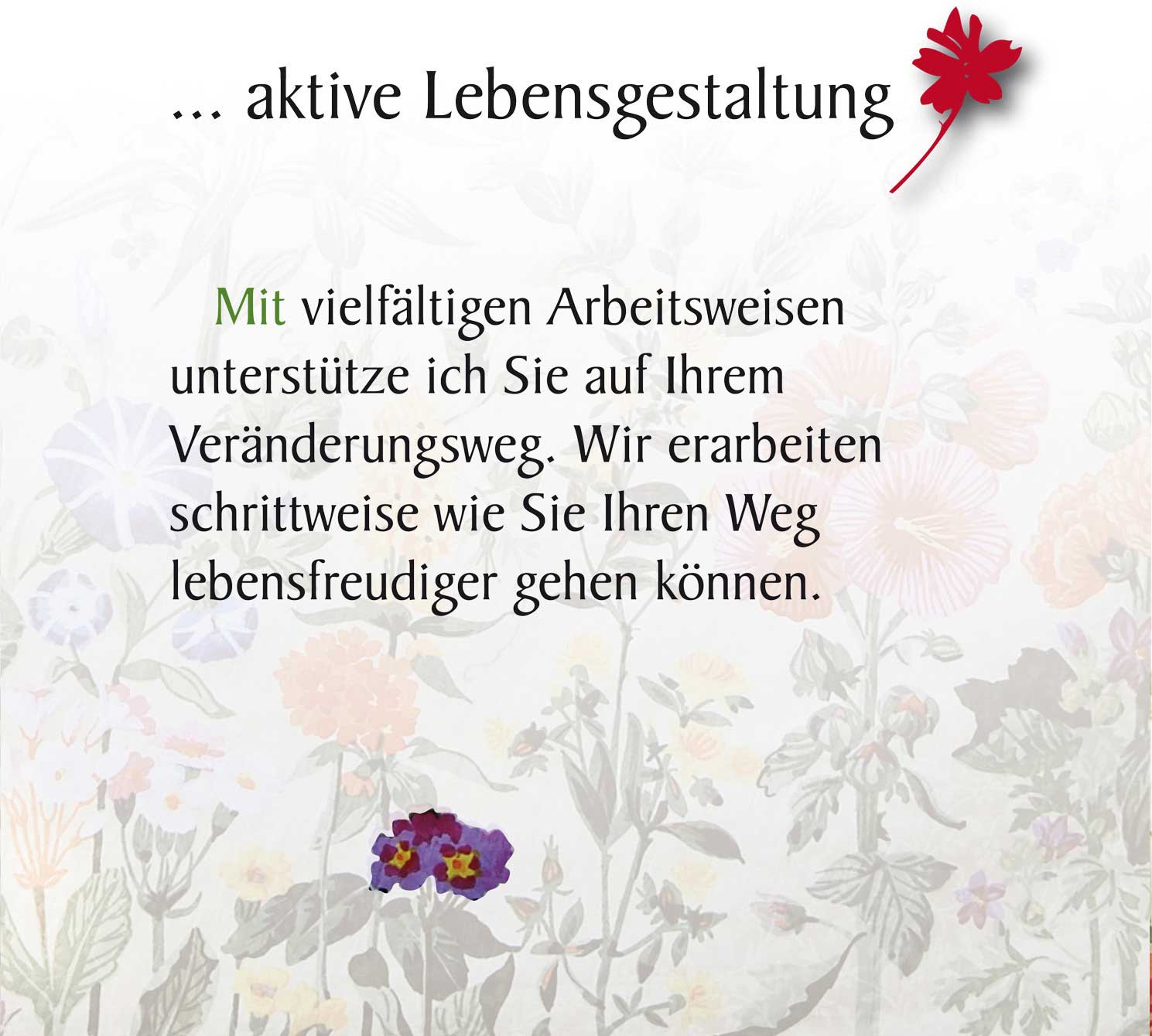 ... aktive Lebensgestaltung - Mit vielfältigen Arbeitsweisen unterstütze ich Sie auf Ihrem Veränderungsweg. Wir erarbeiten schrittweise wie Sie Ihren Weg lebensfreudiger gehen können.